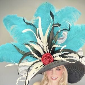 NEW Chic Black Hat with Teal Feathers and Red Rose DERBY HAT - HAT BOX INCLUDED